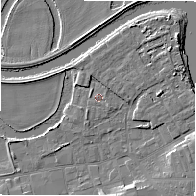 Shaded relief map of the ground around WF101NF, computed from Environment Agency LiDAR. The ground here sits at about 14 m above sea level and falls 9 m across the surrounding 800 m. Surface water reaching this point runs off ground lying to the south-east, 1.2 m higher.