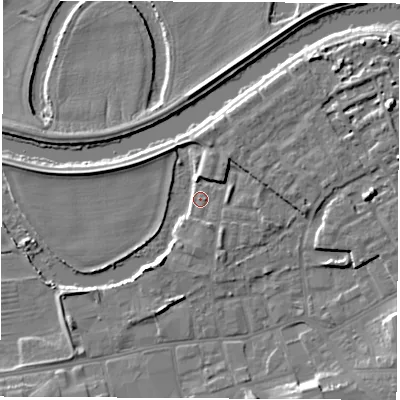Shaded relief map of the ground around WF101NG, computed from Environment Agency LiDAR. The ground here sits at about 14 m above sea level and falls 9 m across the surrounding 800 m. Surface water reaching this point runs off ground lying to the east-north-east, 6.6 m higher.