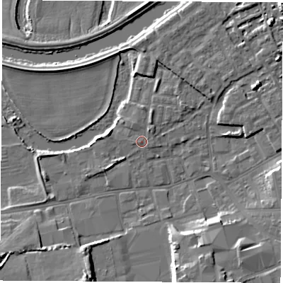 Shaded relief map of the ground around WF101NJ, computed from Environment Agency LiDAR. The ground here sits at about 14 m above sea level and falls 11 m across the surrounding 800 m. Surface water reaching this point runs off ground lying to the north-north-east, 1.2 m higher.