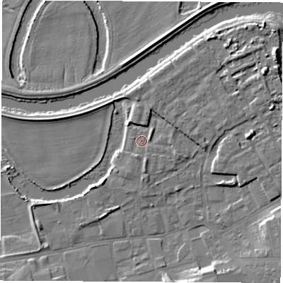 Shaded relief map of the ground around WF101NL, computed from Environment Agency LiDAR. The ground here sits at about 13 m above sea level and falls 9 m across the surrounding 800 m. Surface water reaching this point runs off ground lying to the south, 1.6 m higher.