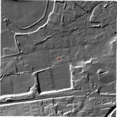 Shaded relief map of the ground around WF101NP, computed from Environment Agency LiDAR. The ground here sits at about 14 m above sea level and falls 20 m across the surrounding 800 m. Surface water reaching this point runs off ground lying to the south, 19.3 m higher.