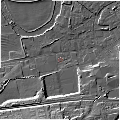 Shaded relief map of the ground around WF101NR, computed from Environment Agency LiDAR. The ground here sits at about 13 m above sea level and falls 20 m across the surrounding 800 m. Surface water reaching this point runs off ground lying to the south, 19.0 m higher.