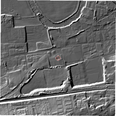 Shaded relief map of the ground around WF101NS, computed from Environment Agency LiDAR. The ground here sits at about 14 m above sea level and falls 22 m across the surrounding 800 m. Surface water reaching this point runs off ground lying to the south-west, 10.5 m higher.