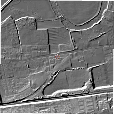 Shaded relief map of the ground around WF101NT, computed from Environment Agency LiDAR. The ground here sits at about 15 m above sea level and falls 21 m across the surrounding 800 m. Surface water reaching this point runs off ground lying to the south-south-west, 11.1 m higher.