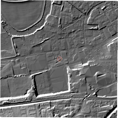Shaded relief map of the ground around WF101NW, computed from Environment Agency LiDAR. The ground here sits at about 13 m above sea level and falls 20 m across the surrounding 800 m. Surface water reaching this point runs off ground lying to the south, 19.0 m higher.