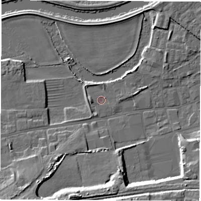 Shaded relief map of the ground around WF101NX, computed from Environment Agency LiDAR. The ground here sits at about 13 m above sea level and falls 16 m across the surrounding 800 m. Surface water reaching this point runs off ground lying to the west, 2.0 m higher.