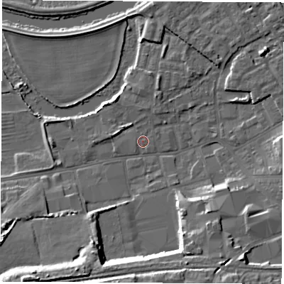 Shaded relief map of the ground around WF101NY, computed from Environment Agency LiDAR. The ground here sits at about 14 m above sea level and falls 15 m across the surrounding 800 m. Surface water reaching this point runs off ground lying to the south, 12.9 m higher.