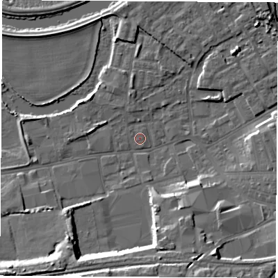 Shaded relief map of the ground around WF101NZ, computed from Environment Agency LiDAR. The ground here sits at about 13 m above sea level and falls 15 m across the surrounding 800 m. Surface water reaching this point runs off ground lying to the south-south-west, 12.9 m higher.