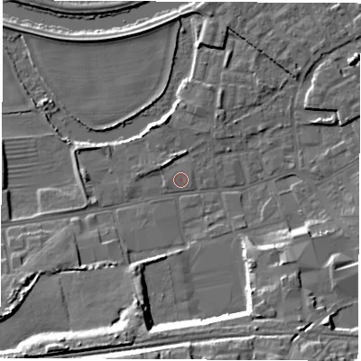 Shaded relief map of the ground around WF101PA, computed from Environment Agency LiDAR. The ground here sits at about 13 m above sea level and falls 16 m across the surrounding 800 m. Surface water reaching this point runs off ground lying to the south, 13.5 m higher.