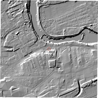 Shaded relief map of the ground around WF101PB, computed from Environment Agency LiDAR. The ground here sits at about 13 m above sea level and falls 12 m across the surrounding 800 m. Surface water reaching this point runs off ground lying to the south, 6.8 m higher.