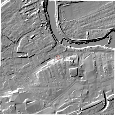 Shaded relief map of the ground around WF101PD, computed from Environment Agency LiDAR. The ground here sits at about 14 m above sea level and falls 13 m across the surrounding 800 m. Surface water reaching this point runs off ground lying to the south, 5.0 m higher.