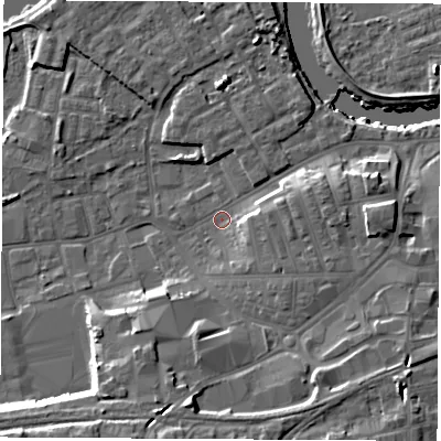 Shaded relief map of the ground around WF101PE, computed from Environment Agency LiDAR. The ground here sits at about 13 m above sea level and falls 16 m across the surrounding 800 m. Surface water reaching this point runs off ground lying to the south-south-west, 11.5 m higher.