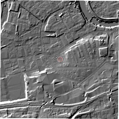 Shaded relief map of the ground around WF101PF, computed from Environment Agency LiDAR. The ground here sits at about 13 m above sea level and falls 19 m across the surrounding 800 m. Surface water reaching this point runs off ground lying to the east-north-east, 4.2 m higher.
