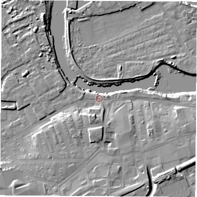 Shaded relief map of the ground around WF101PG, computed from Environment Agency LiDAR. The ground here sits at about 14 m above sea level and falls 12 m across the surrounding 800 m. Surface water reaching this point runs off ground lying to the south-south-west, 10.9 m higher.