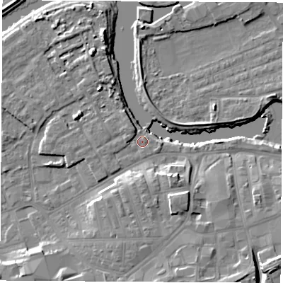 Shaded relief map of the ground around WF101PH, computed from Environment Agency LiDAR. The ground here sits at about 14 m above sea level and falls 12 m across the surrounding 800 m. Surface water reaching this point runs off ground lying to the north-north-west, 2.2 m higher.
