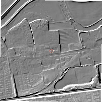 Shaded relief map of the ground around WF101PL, computed from Environment Agency LiDAR. The ground here sits at about 15 m above sea level and falls 20 m across the surrounding 800 m. Surface water reaching this point runs off ground lying to the west-south-west, 2.1 m higher.