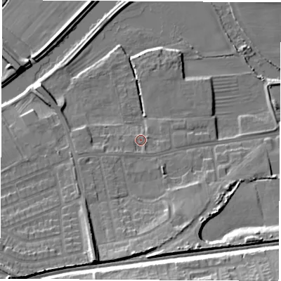 Shaded relief map of the ground around WF101PW, computed from Environment Agency LiDAR. The ground here sits at about 16 m above sea level and falls 21 m across the surrounding 800 m. Surface water reaching this point runs off ground lying to the south-west, 2.3 m higher.