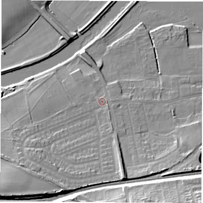 Shaded relief map of the ground around WF101QR, computed from Environment Agency LiDAR. The ground here sits at about 17 m above sea level and falls 24 m across the surrounding 800 m. Surface water reaching this point runs off ground lying to the south-west, 13.3 m higher.