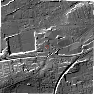 Shaded relief map of the ground around WF101QX, computed from Environment Agency LiDAR. The ground here sits at about 20 m above sea level and falls 24 m across the surrounding 800 m. Surface water reaching this point runs off ground lying to the south-west, 2.5 m higher.