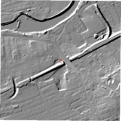 Shaded relief map of the ground around WF101RB, computed from Environment Agency LiDAR. The ground here sits at about 13 m above sea level and falls 19 m across the surrounding 800 m. Surface water reaching this point runs off ground lying to the south-east, 7.5 m higher.