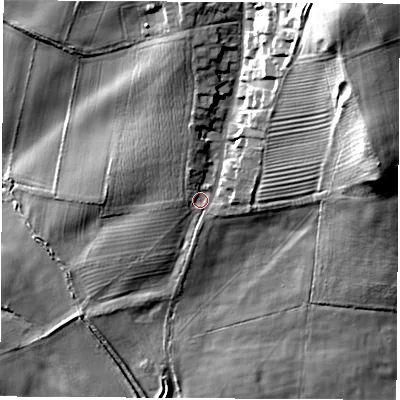Shaded relief map of the ground around WF102AA, computed from Environment Agency LiDAR. The ground here sits at about 18 m above sea level and falls 43 m across the surrounding 800 m. Surface water reaching this point runs off ground lying to the north-east, 35.8 m higher.