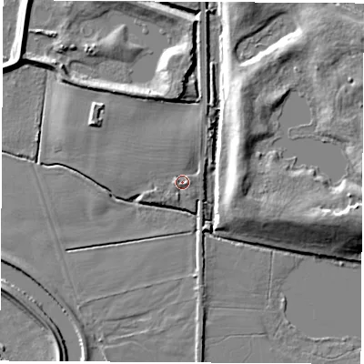 Shaded relief map of the ground around WF102AE, computed from Environment Agency LiDAR. The ground here sits at about 12 m above sea level and falls 11 m across the surrounding 800 m. Surface water reaching this point runs off ground lying to the west-south-west, 1.5 m higher.