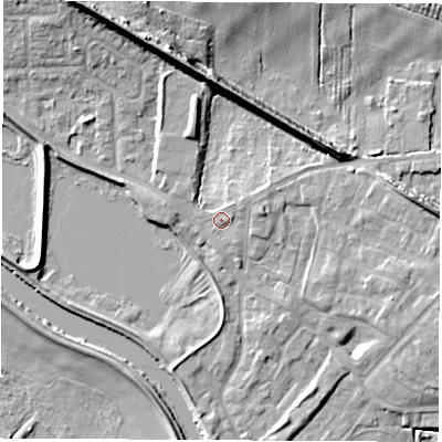 Shaded relief map of the ground around WF102AJ, computed from Environment Agency LiDAR. The ground here sits at about 15 m above sea level and falls 16 m across the surrounding 800 m. Surface water reaching this point runs off ground lying to the east-north-east, 1.4 m higher.