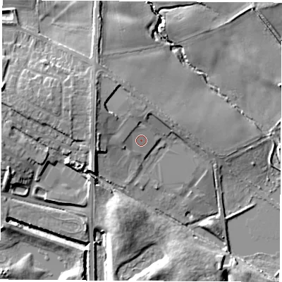 Shaded relief map of the ground around WF102AL, computed from Environment Agency LiDAR. The ground here sits at about 15 m above sea level and falls 12 m across the surrounding 800 m. Surface water reaching this point runs off ground lying to the north-west, 1.2 m higher.