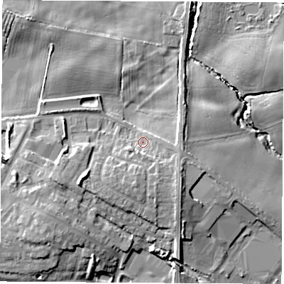Shaded relief map of the ground around WF102AP, computed from Environment Agency LiDAR. The ground here sits at about 15 m above sea level and falls 12 m across the surrounding 800 m. Surface water reaching this point runs off ground lying to the south-east, 4.5 m higher.
