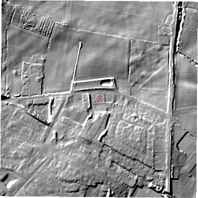 Shaded relief map of the ground around WF102AT, computed from Environment Agency LiDAR. The ground here sits at about 15 m above sea level and falls 11 m across the surrounding 800 m. Surface water reaching this point runs off ground lying to the south-south-west, 5.2 m higher.