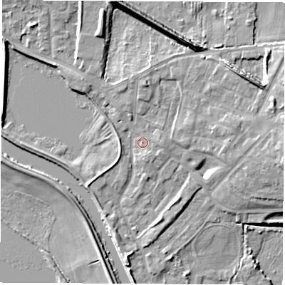 Shaded relief map of the ground around WF102AZ, computed from Environment Agency LiDAR. The ground here sits at about 13 m above sea level and falls 14 m across the surrounding 800 m. Surface water reaching this point runs off ground lying to the north, 9.2 m higher.