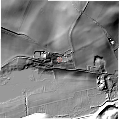 Shaded relief map of the ground around WF102BH, computed from Environment Agency LiDAR. The ground here sits at about 21 m above sea level and falls 34 m across the surrounding 800 m. Surface water reaching this point runs off ground lying to the north-west, 24.2 m higher.