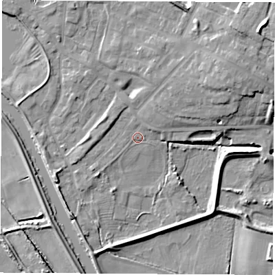 Shaded relief map of the ground around WF102BN, computed from Environment Agency LiDAR. The ground here sits at about 13 m above sea level and falls 13 m across the surrounding 800 m. Surface water reaching this point runs off ground lying to the north-east, 10.8 m higher.