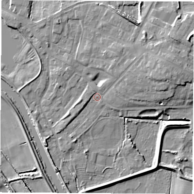 Shaded relief map of the ground around WF102BP, computed from Environment Agency LiDAR. The ground here sits at about 13 m above sea level and falls 13 m across the surrounding 800 m. Surface water reaching this point runs off ground lying to the east-north-east, 7.1 m higher.