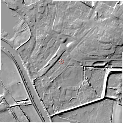 Shaded relief map of the ground around WF102BT, computed from Environment Agency LiDAR. The ground here sits at about 13 m above sea level and falls 12 m across the surrounding 800 m. Surface water reaching this point runs off ground lying to the north-west, 1.9 m higher.