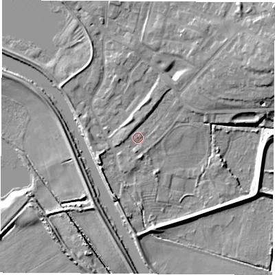 Shaded relief map of the ground around WF102BU, computed from Environment Agency LiDAR. The ground here sits at about 13 m above sea level and falls 12 m across the surrounding 800 m. Surface water reaching this point runs off ground lying to the south, 1.4 m higher.