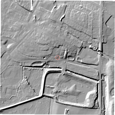 Shaded relief map of the ground around WF102BW, computed from Environment Agency LiDAR. The ground here sits at about 15 m above sea level and falls 13 m across the surrounding 800 m. Surface water reaching this point runs off ground lying to the north-north-west, 7.4 m higher.