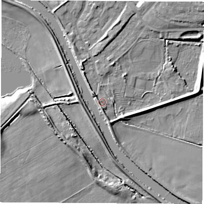Shaded relief map of the ground around WF102BX, computed from Environment Agency LiDAR. The ground here sits at about 13 m above sea level and falls 10 m across the surrounding 800 m. Surface water reaching this point runs off ground lying to the south, 1.9 m higher.