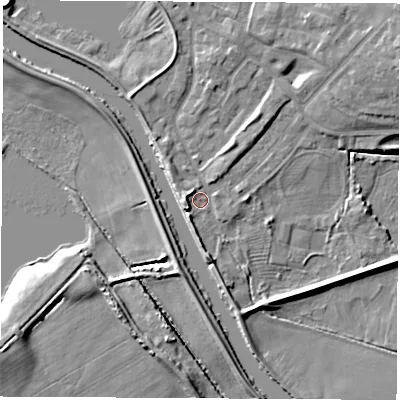 Shaded relief map of the ground around WF102BY, computed from Environment Agency LiDAR. The ground here sits at about 13 m above sea level and falls 10 m across the surrounding 800 m. Surface water reaching this point runs off ground lying to the north-east, 6.1 m higher.