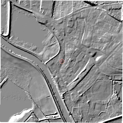 Shaded relief map of the ground around WF102BZ, computed from Environment Agency LiDAR. The ground here sits at about 13 m above sea level and falls 13 m across the surrounding 800 m. Surface water reaching this point runs off ground lying to the west, 1.8 m higher.