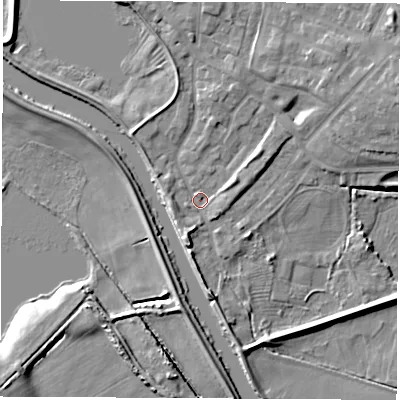 Shaded relief map of the ground around WF102DA, computed from Environment Agency LiDAR. The ground here sits at about 13 m above sea level and falls 11 m across the surrounding 800 m. Surface water reaching this point runs off ground lying to the north-east, 7.0 m higher.