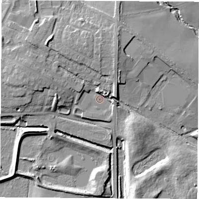 Shaded relief map of the ground around WF102DB, computed from Environment Agency LiDAR. The ground here sits at about 14 m above sea level and falls 13 m across the surrounding 800 m. Surface water reaching this point runs off ground lying to the north, 4.0 m higher.