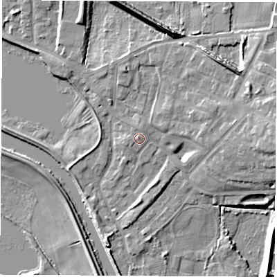Shaded relief map of the ground around WF102DD, computed from Environment Agency LiDAR. The ground here sits at about 14 m above sea level and falls 13 m across the surrounding 800 m. Surface water reaching this point runs off ground lying to the north-north-east, 1.1 m higher.