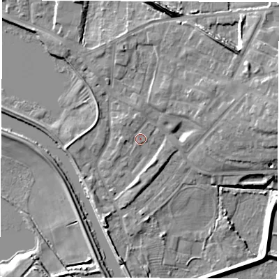Shaded relief map of the ground around WF102DE, computed from Environment Agency LiDAR. The ground here sits at about 13 m above sea level and falls 13 m across the surrounding 800 m. Surface water reaching this point runs off ground lying to the north-east, 7.0 m higher.