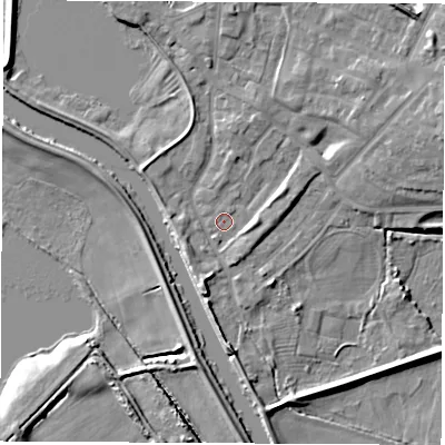 Shaded relief map of the ground around WF102DF, computed from Environment Agency LiDAR. The ground here sits at about 13 m above sea level and falls 11 m across the surrounding 800 m. Surface water reaching this point runs off ground lying to the south-west, 2.4 m higher.
