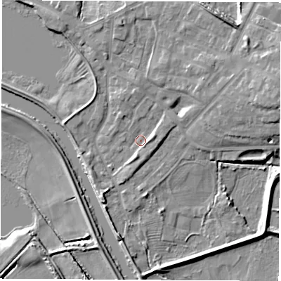 Shaded relief map of the ground around WF102DG, computed from Environment Agency LiDAR. The ground here sits at about 13 m above sea level and falls 12 m across the surrounding 800 m. Surface water reaching this point runs off ground lying to the east-north-east, 8.1 m higher.