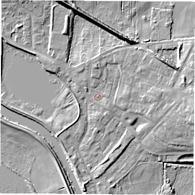 Shaded relief map of the ground around WF102DH, computed from Environment Agency LiDAR. The ground here sits at about 14 m above sea level and falls 14 m across the surrounding 800 m. Surface water reaching this point runs off ground lying to the east-north-east, 5.9 m higher.