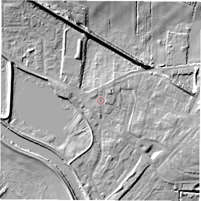 Shaded relief map of the ground around WF102DJ, computed from Environment Agency LiDAR. The ground here sits at about 15 m above sea level and falls 16 m across the surrounding 800 m. Surface water reaching this point runs off ground lying to the north, 1.4 m higher.