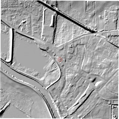 Shaded relief map of the ground around WF102DL, computed from Environment Agency LiDAR. The ground here sits at about 14 m above sea level and falls 15 m across the surrounding 800 m. Surface water reaching this point runs off ground lying to the north-north-west, 10.2 m higher.