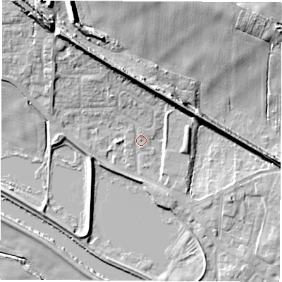 Shaded relief map of the ground around WF102DN, computed from Environment Agency LiDAR. The ground here sits at about 14 m above sea level and falls 21 m across the surrounding 800 m. Surface water reaching this point runs off ground lying to the north-north-west, 16.8 m higher.